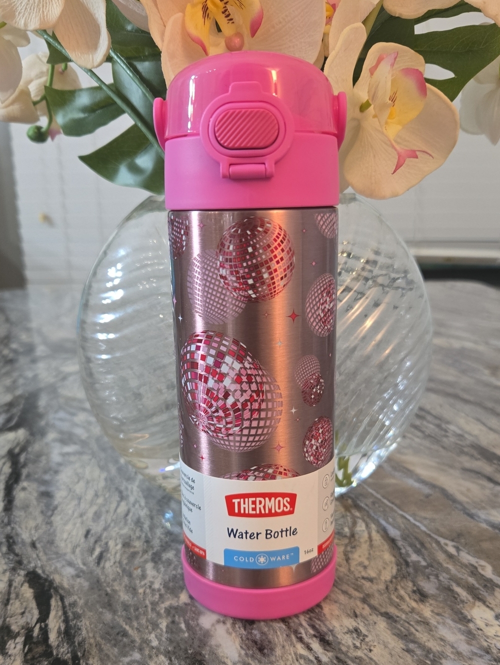 Thermos Pink Stainless Steel Water Bottle with Disco Ball Pattern